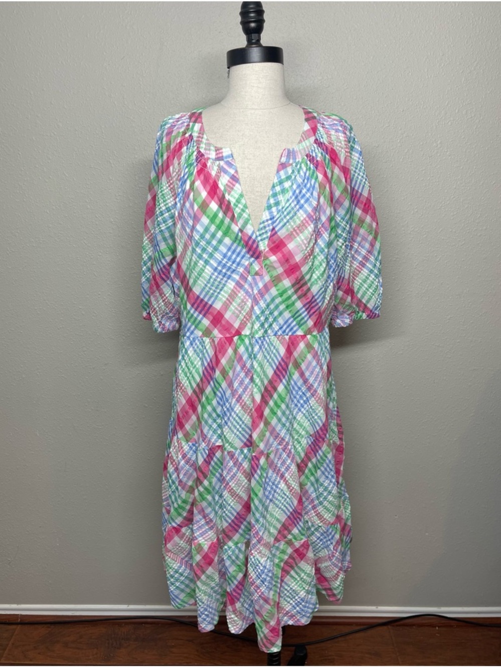 crown & ivy Pink, Green & Blue Plaid V-Neck Tiered Midi Dress